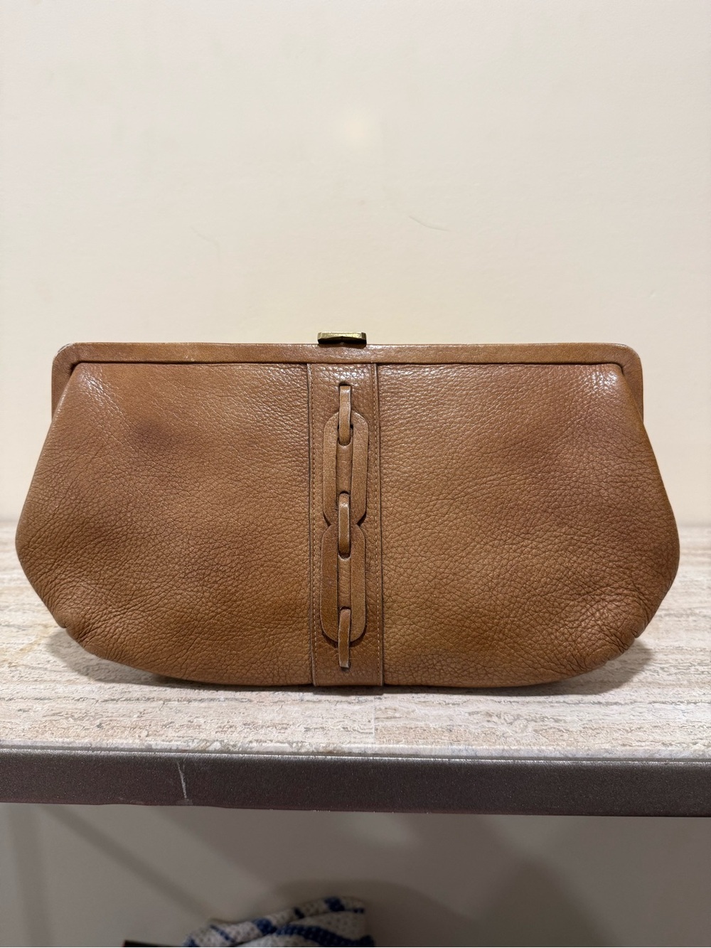 Vintage Saber Leather Chain-Trim Clutch in Warm Tan